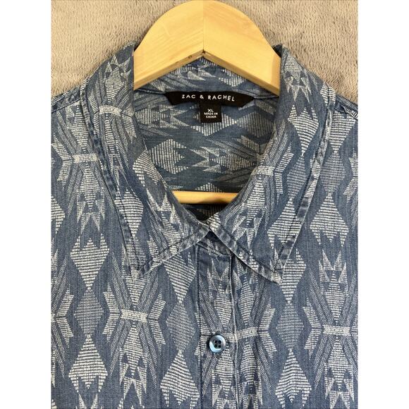 Zac & Rachel Tunic Women XL Blue Chambray Aztec Button Front Roll Tab Shark Bite - Picture 2 of 11